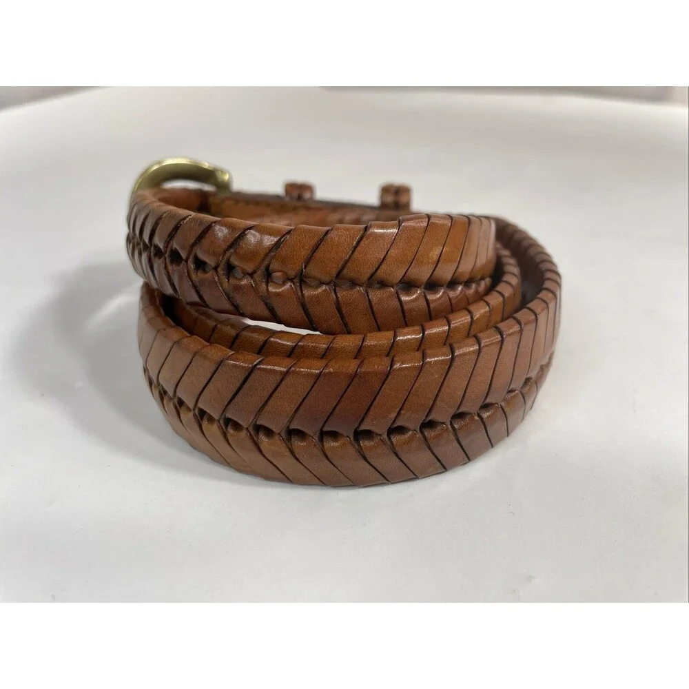 Tan Brown Braided Leather Belt Brass Buckle Women's Size 34 65106